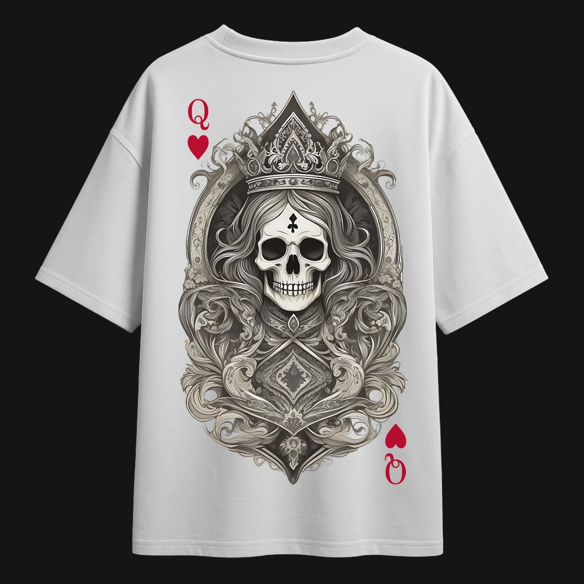 Zenith Lifestyle Oversized White T-shirt with skull queen playing card graphic ornate crown and red hearts
