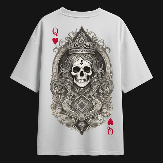 Zenith Lifestyle Oversized White T-shirt with skull queen playing card graphic ornate crown and red hearts