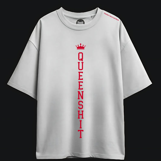 Zenith Lifestyle Oversized White T-shirt with vertical red QUEENSHIT lettering and small crown graphic