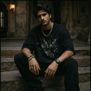 Young man with dark hair sits on stone steps in a dim, rustic setting wearing a black graphic T-shirt and chains.