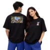 Two people in black oversized tees and blue shorts, back-to-back; bunny graphic front.