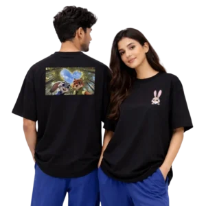 Two people in black oversized tees and blue shorts, back-to-back; bunny graphic front.