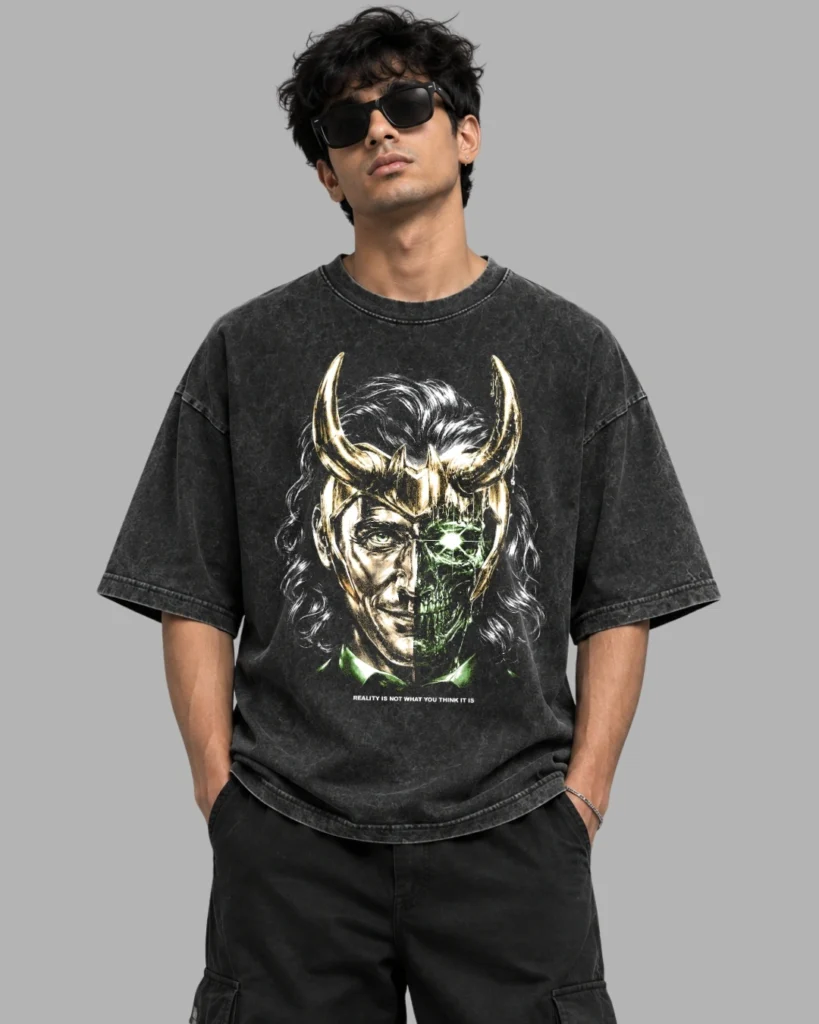 Zenith Lifestyle A Model Wearing Black Acid Wash T-shirt with Loki Print