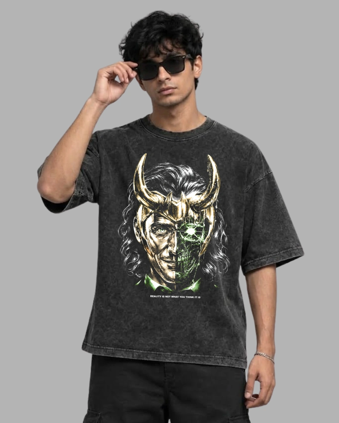 Zenith Lifestyle A Model Wearing Black Acid Wash T-shirt with Loki Print Zenith Lifestyle A Model Wearing Black Acid Wash T-shirt with Loki Print